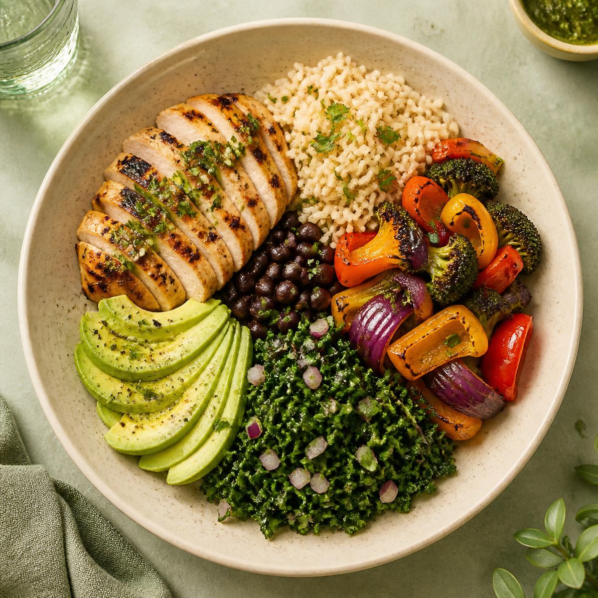 Prato equilibrado com frango grelhado, arroz integral, legumes e abacate